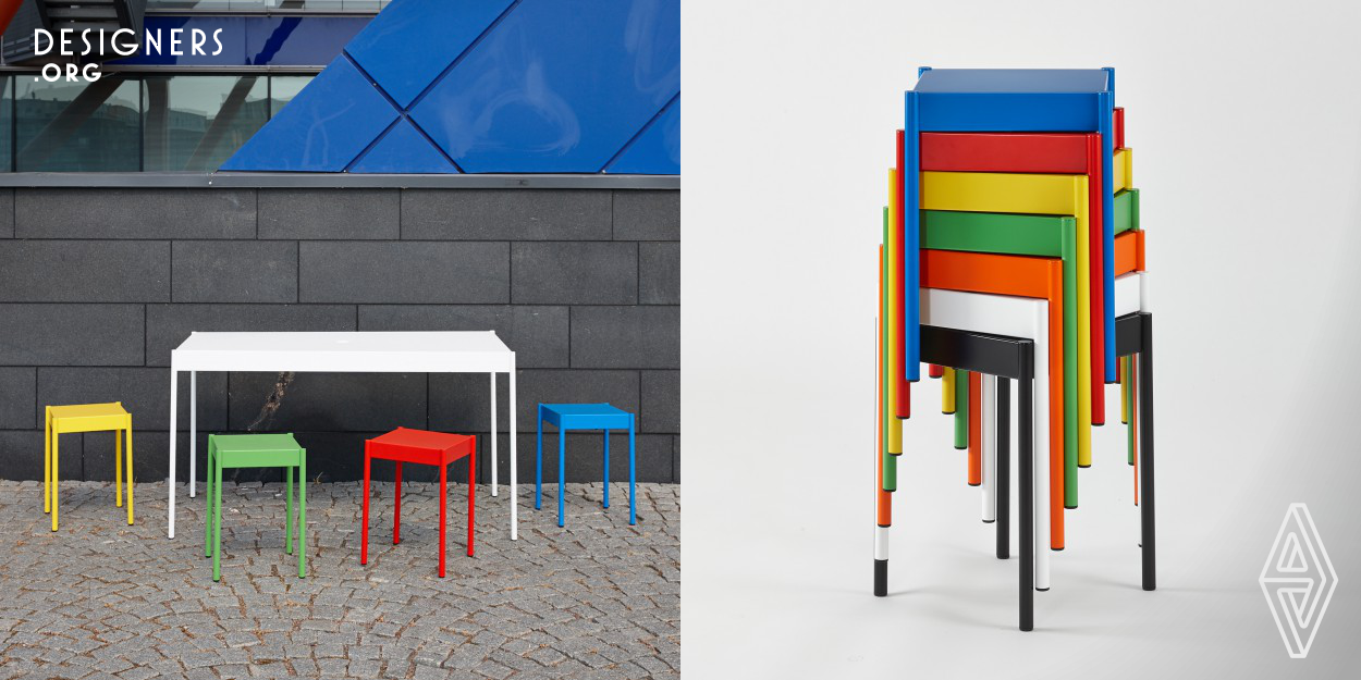 La Table is a table is a stool is a bench and a chair. Colorful range of furniture can also be used outdoors, pieces remain firm and steady on an uneven surface. Powder coating as standard finish, double powder coating for outdoor use. A splash of color in the garden or on the terrace of a Mokki - the finnish summerhouse, is the new table and stool collection of Vivero; and stacked they hibernate until spring calls again. Designed and made in Finland. 