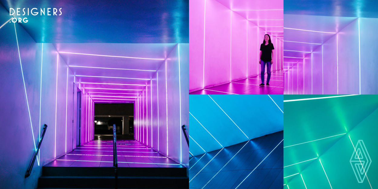 'Portal' is a led hallway designed by artist Akiko Yamashita in the weller court plaza in Little Tokyo Los Angeles in 2015. Inspired by neon light and prism, the spiral made with 7000 pixels of light welcomes visitors to the building's plaza.  Color animation is changing throughout the day and night. It has become a destination portal - formally a dark tunnel - has been transformed by the designer. 