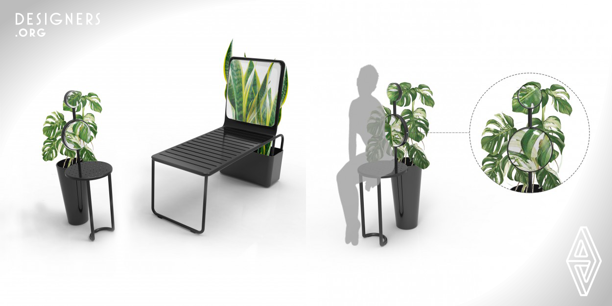 The two chairs with planters were installed magnifying mirrors. People can sit and observe plants' details through the mirrors at close range, which can enlarge every leaf of texture beauty. The chair on the left with round mirrors is for one person only, two magnifying glasses on the back of left chair can be adjusted the height according to different plants. The chair on the right with square magnifier, is designed for two or more people to sit together, the square magnifier amplifies the leaf details and presents plants a kind of oil painting beauty.