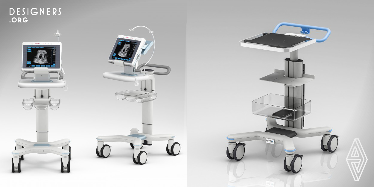 Main idea was to create a tool with intuitive interface and specific ergonomics. This customizable trolley let the user install his machinery on a strong, solid steel structure which can be moved around easily. Interface is designed around doctor's needs and environment. Interaction between doctor and equipment is evaluated in terms of comfort, safety, current protocols, and to facilitate the doctor in the aim to treat patients. The console can be customized with standard optional components according to customers requirements, but tailor made parts can be designed and produced upon request.