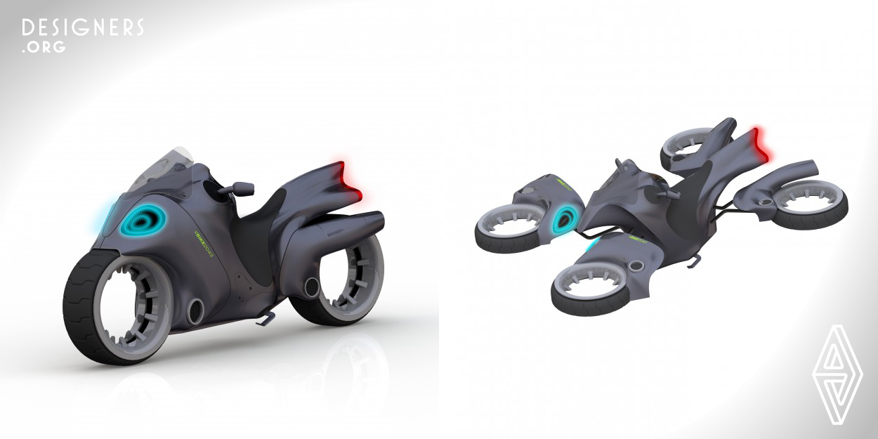 XBIKE is a transformable passenger drone-motorbike, designed to provide flexible mobility in future urban spaces. Vehicles in the future cities are less land-depended and XBIKE is a solution for this challenge. Two technologies combined to achieve lightweight and flexibility. Hubless wheels are lighter than traditional wheels and provide a free space in center of wheel. This free space used for improving airflow efficiency. Thanks to the technology of bladeless fans, airflow multiplies and it is 4 times more efficient. So the form of XBIKE based on soft lines and aerodynamic gestalt.