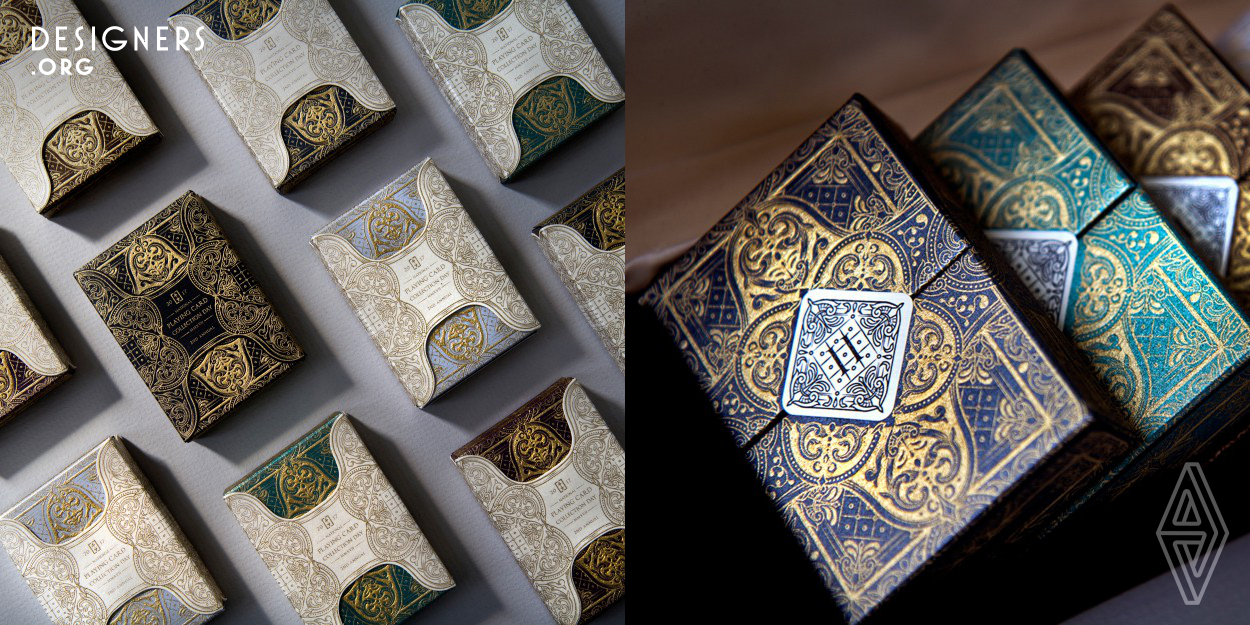 These limited edition decks focus on changing market views on playing cards from toys to fine art. Created to celebrate the 2nd Annual National Playing Card Collection Day, they epitomize the craftsmanship of card design featuring an innovative new box dubbed the Pluck Tuck with intaglio gold printed design onto opalescent stock. The unique friction sleeve allows the user to easily pluck either box end to reveal the cards inside. The graphic elements display flourishing quatrefoil language throughout to elevate the age and status of the package design, redefining market views of cards.