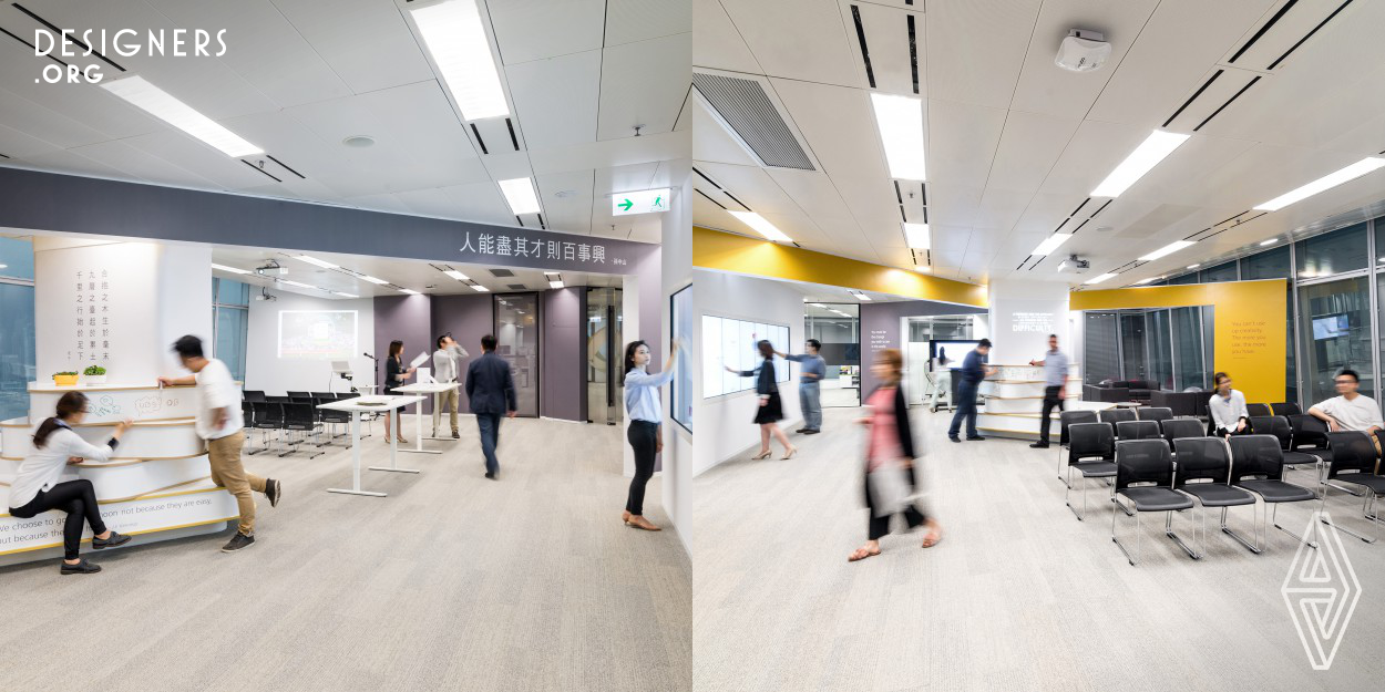 The Hub is integrated with a full range of modern technology including facial recognition system at the entrance, followed by a series of touchscreen displays and synchronized projector providing personalised communication along the way. Sliding panels provides flexible partitioning of the space, with dedicated projectors and ideapaint used throughout. Together with bright colours anamorphic graphics, it provides a creative and conducive environment that is attractive to younger bank customers.