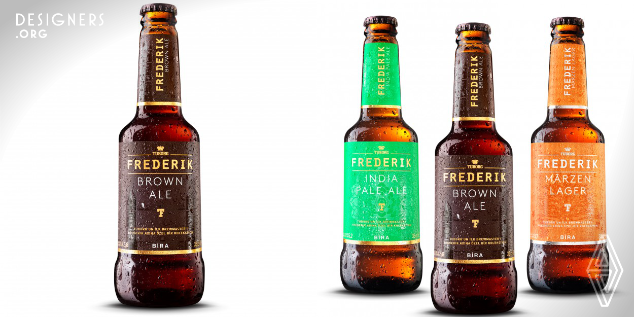 Frederik seems to be a different kind of beer bottle. It is named after the brands primary Brewmaster. The whole concept of design is connected to this feature. The design differentiates with its rounded edged square section both at neck and mother body of the bottle which seems as a new kind of idea for pressured beverages. Proportions between its neck and mother body creates a balance between label areas. Due to the square section design, a similar soft square shaped pim has placed on the back side of the bottle. For creating the design, blow and blow glass forming technology is applied.