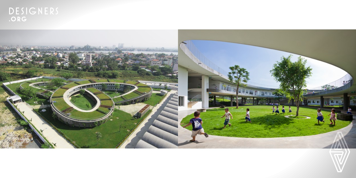 The kindergarten is constructed for 500 pre-school children of Taiwanese shoes factory in Vietnam to provide a sustainable education for their staff's children. The green roof is a triple-ring-shape drawn with a single stroke; creating 3 courtyards as safe playground. Passive design methods are comprehensively applied in the building together with Farming on roof. The kindergarten provides an experimental learning space for future generation of a developing county. The building concept is able to be a model of educational facility of developing countries.