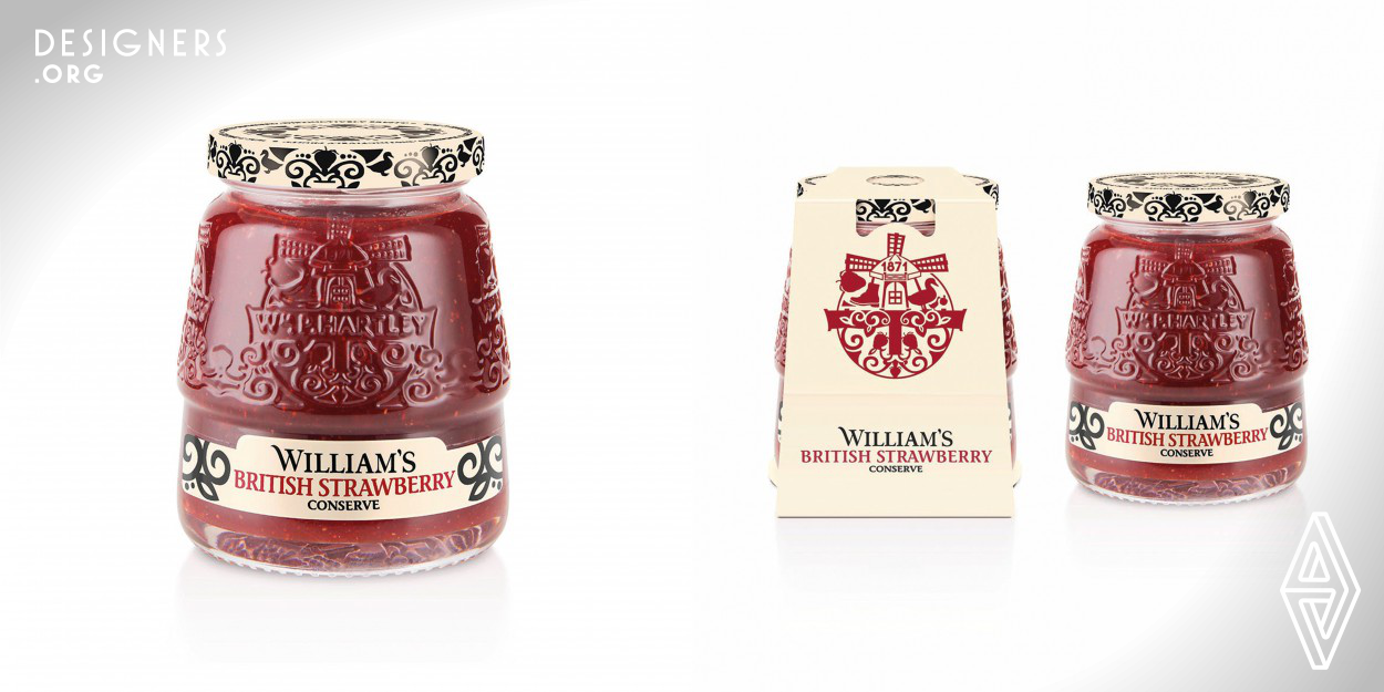 The client wanted a jar for a new conserve brand that was bespoke and that people would want to keep in the centre of the table, not hidden away in a cupboard. The inspiration for the design uses the original Histon signpost as a starting point. The windmill, duck pond, and local boot maker were also incorporated into the design. The choice of William’s rather than WMP Hartley for the branding was to distance the brand from the everyday range and to give a more personal feel to the range. 
