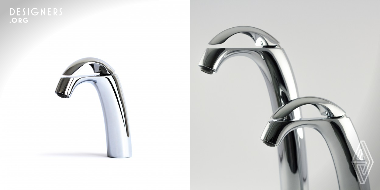 This faucet's organic look and continuity of curves was inspired by the crescent phase of the moon. The Moon Bathroom Faucet integrates both body and handle in a unique shape. A circular cross section rises from the bottom of the faucet to the exit spout creating the Moon Faucet's profile. A clean cut separates the body from the handle while keeping the volume compact. 