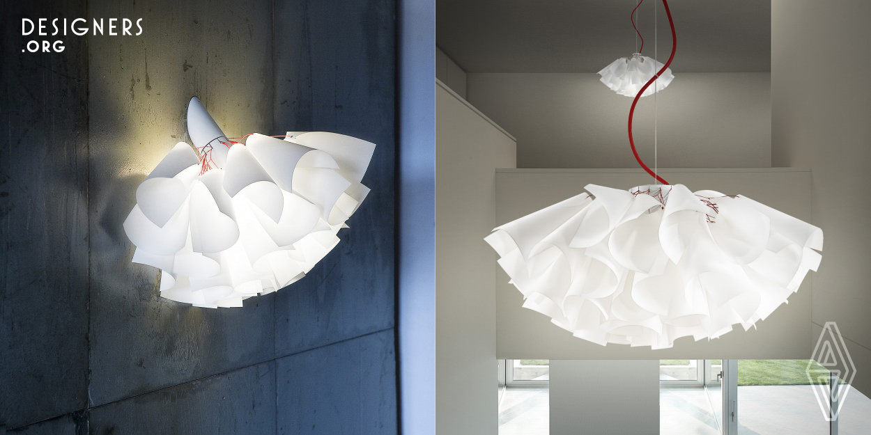 Tutu was designed with a motif of dahlia petals. It is composed of many cylindrical papers. Each cylinder hangs from the white aluminum fitting with a red thin string. The material of the cylinder uses Japanese translucent synthetic paper. The designer expressed the vitality of the plant by many hanging crossed red strings. As first impression of the work the designer was felt as the image of the tutu of ballerina skirt than dahlia. The origin of the name of Tutu comes from overlapping the pronunciation of the Japanese cylinder mean "Tutu" with the tutu of ballerina. 