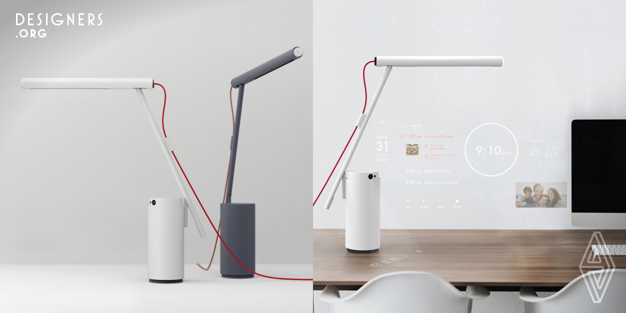Enlighten is a smart desk lamp. It is consist of two projectors covering the wall and the desk separately, and a depth camera that trace users’ movements which is for tangible interaction. By turning any surface into a additional display area, users can be free from very limited monitor screen, and they are able to arrange contents around the desk the way they want. Enlighten enables users to handle multiple channels of information at the same time, and it also enhance security when turned off. Of course, it helps users to keep their desk clean and neat.