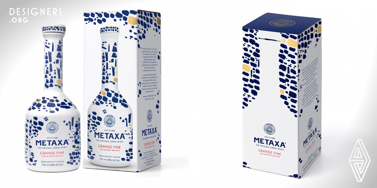 Metaxa Grande Fine pays tribute to Greece and its aspirational way of living. The original white porcelain decanter, decorated with Greek folk art, helped establish Metaxa Grande Fine as a prized gift. Today it is re-introduced in a limited Collector’s Edition, inspired by its Greek roots, with a new contemporary look, capturing the essence of life and the free spirit of the Aegean Sea. Agean Blue brush strokes, set against the white porcelain bottle reflecting the magnificent light of Greece, give a fresh new look while still maintaining the unique identity of the Metaxa Grande Fine bottle.