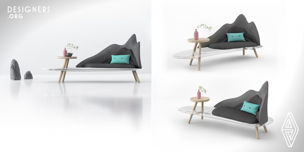 Image is a single person sofa. The purpose of design is to use modern and international design language to reproduce the spirit of oriental landscapes and re-innovate the furniture designs based on tradition and nature. The design inspiration derives from the famous Chinese painting Dwelling in the Fuchun Mountains of Yuan Dynasty (1279-1368). For the presentation manner of traditional culture in modern society, more possibilities are explored in the design. The design provides a good experience for the user. This furniture is suitable for young people's aesthetic and lifestyle.