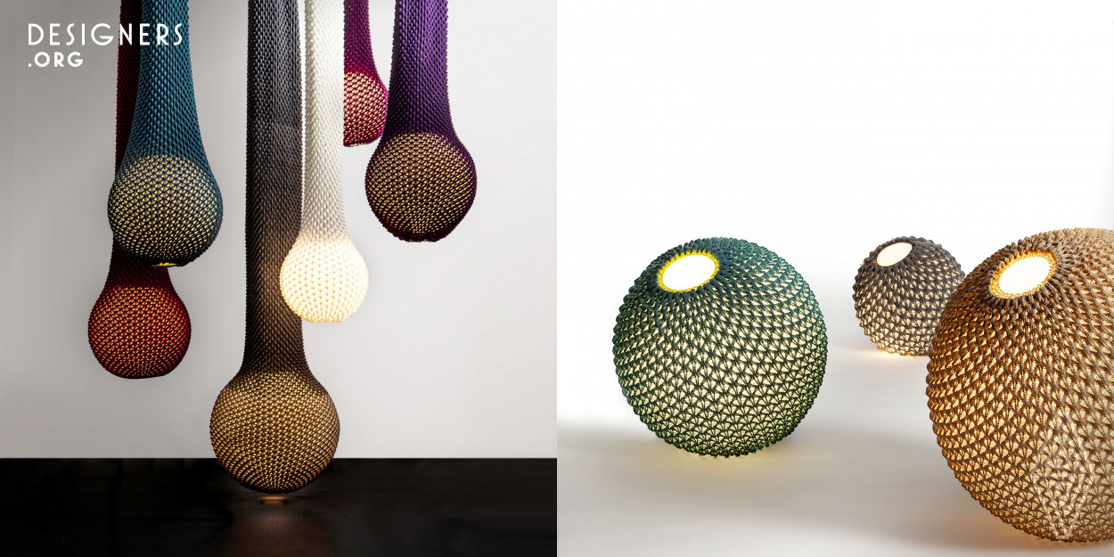 A series of lightings that combines technology with tradition. Knitting acrylic threads in fixed patterns with wool crochet, creates a three-dimensional sheet of fabric which serves as a lighting fixture.  The project was born from a collaboration between the designers Ariel Zuckerman and Oded Sapir . The process of developing the fabric, with the aid of textile designer Adva Bruner, led to the combination of an industrial knitted fabric with a handmade crochet detail.  Fitting the fabric onto a rigid skeletal structure creates a light fixture with an organic feel and a rich colourfulness.  