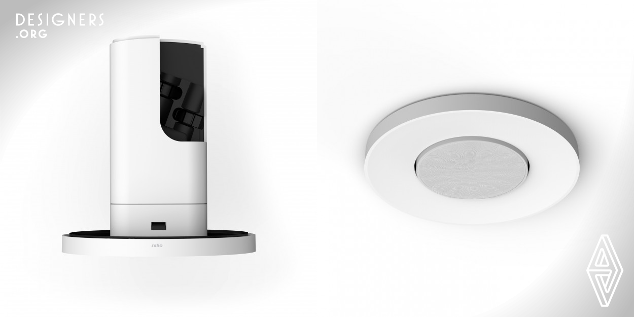 Niko flush mount motion detectors have a unique flat lens and integrate seamlessly in any ceiling. Thanks to the patent pending mounting bracket system developed by Niko, installation has never been easier. Once installed, the installer can program the sensor remotely with the accompanying app for smartphones. All you need is a Bluetooth connection. The sensor is Dali compatible. Based on presence detection both lighting and HVAC systems can be controlled. The connector cover attaches easily with a snap connection and integrates seamless into the design.