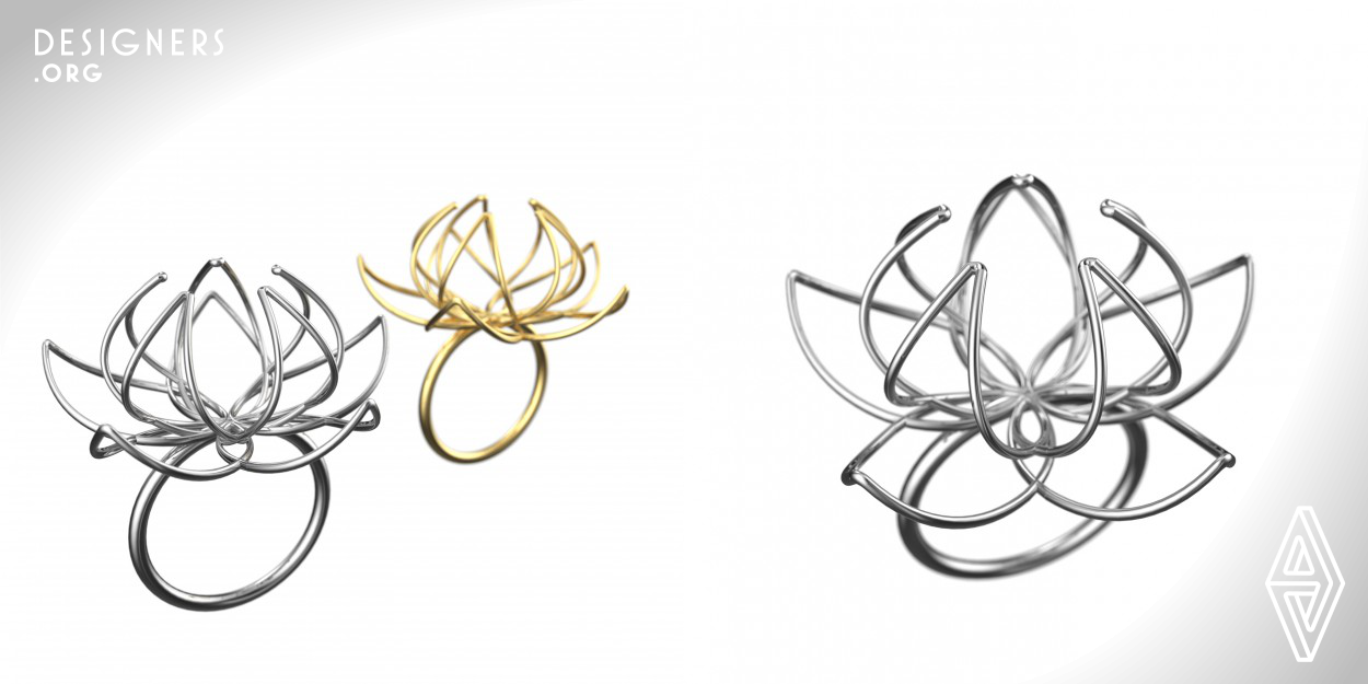 Wilot ring is inspired by Lotus flower that symbolize purity. It creates a curios perception by the fluid form. The ring is available in both gold and silver. Movements between creates an amazing dance between wires with a great harmony. The sinuosity of the forms and the ergonomic attributes of the ring present a nice play of light, shadows, glare and reflections. Aesthetic and performance is combined as well.