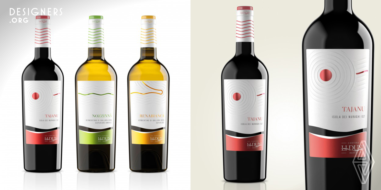 To realize the design of these labels, the research has been carried out on printing techniques, materials and graphic choices, able to represent the values of the company, the history and the territory in which these wines are born. The concept of these labels starts from the characteristic of wines: the sand. In fact, the vines grow on the sea sand just a short distance from the coast. This concept is made with an embossing technique to take up the designs on the sand of the Zen gardens. The three labels together make up a design that represent the winery mission.