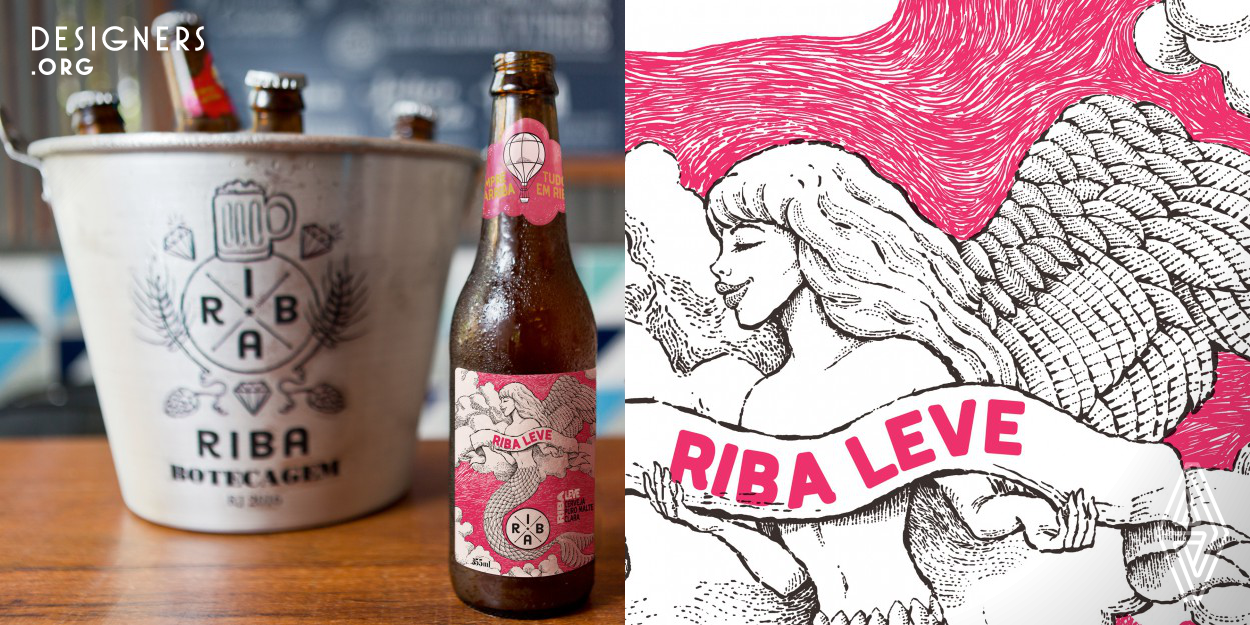 Laika developed the Riba Leve beer label design from visual concepts created by the office itself to the Riba brand identity, giving continuity to a brand's own way of communicating. In this sense, the mermaid, in re-reading the Riba brand, receives wings, because the beer is so light it gives the sensation of floating. The main color of Riba Leve's label is intentionally pink to be perceived as a break from other Riba brand beer labels. Along these lines, it contributes to the construction of a more extensive product portfolio of Riba for diversified publics.                