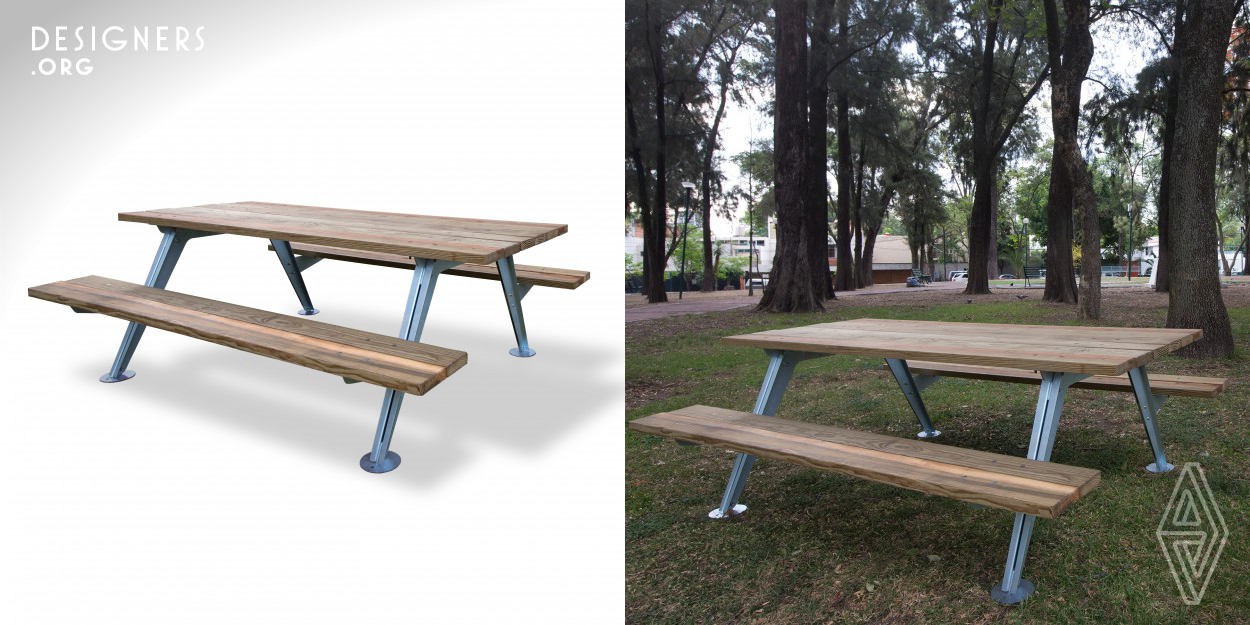 The MP-002 is an elegant picnic table designed to adapt to a diverse urban environment. It is characterized by its easy assembly, which significantly reduces its handling and shipping costs making it an extremely versatile element. the aesthetic is inspired by traditional one-piece picnic tables but with a much higher formal and functional value than existing ones. It´s made of folded steel sheet and wood planks.