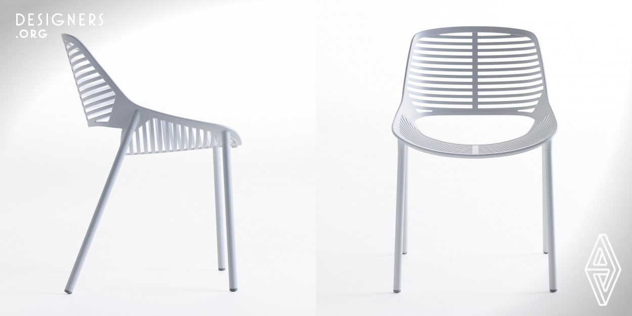 The object is born from the will of simplifying, from a point of formal and productive view, the outdoor chair. The formal simplification has taken as geometry as theme, wanting to tell the zen gardens with a series of parallel lines, it exceeds a very elementary form but at the same time balanced and almost slask. Simplifying the object in line has given a hand to the elaboration of the mold for the realisation of the product. The product is constituted by a pressified aluminium molding that makes from the structure on which the legs made of a trafilate in aluminum are mechanically fixed.
