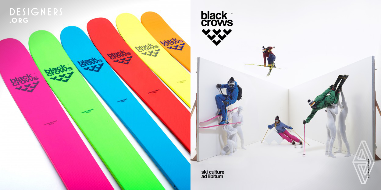 Well-designed skis manufactured in top ski factories, with shapes and flex patterns that are contemporary and accessible but still provide performance. The brand’s aesthetics is clean and distinctive. The chevron pattern, created by the art director Yorgo Tloupas, reminiscent of six black crows flying in unison, is applied on everything that the brand produces... not only on skis. You can spot the chevron everywhere: on clothes, visual merchandising, ad campaigns, music festival identity, and even a Chamonix map has been entirely drawn with this geometrical shape!