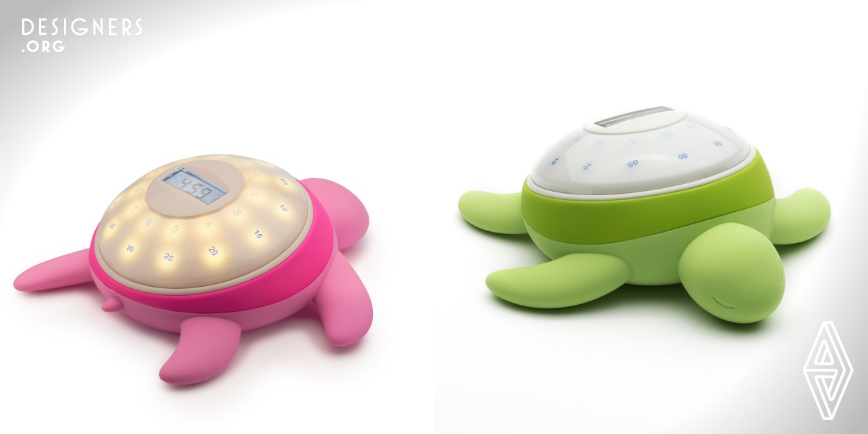 Tick Tock Turtle is designed for children of all ages. Children can easily understand the passage of time by viewing the illuminated dots on the shell which also act as gradual sunrise wake up lights. When the alarm activates, the lights fill the entire surface as if they were plates on the turtle's shell. The shell also functions as a button for children to activate the red night lights while the rest of the parental setting buttons are hidden away under the removable shell. The bottom half of the turtle is made of soft food grade silicone and sticks securely to the bed at night