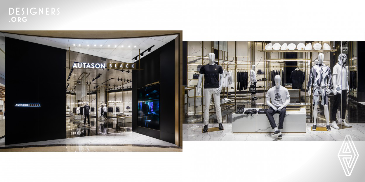 Autason black is a sub-band of Autason, a casual menswear brand. The whole space is mainly of black, white and gold, according to the characteristics of mall crowds, designer sets image walls with two different directions at the entrance, curved shop surface and indented entrance create more strength throughout the store. 