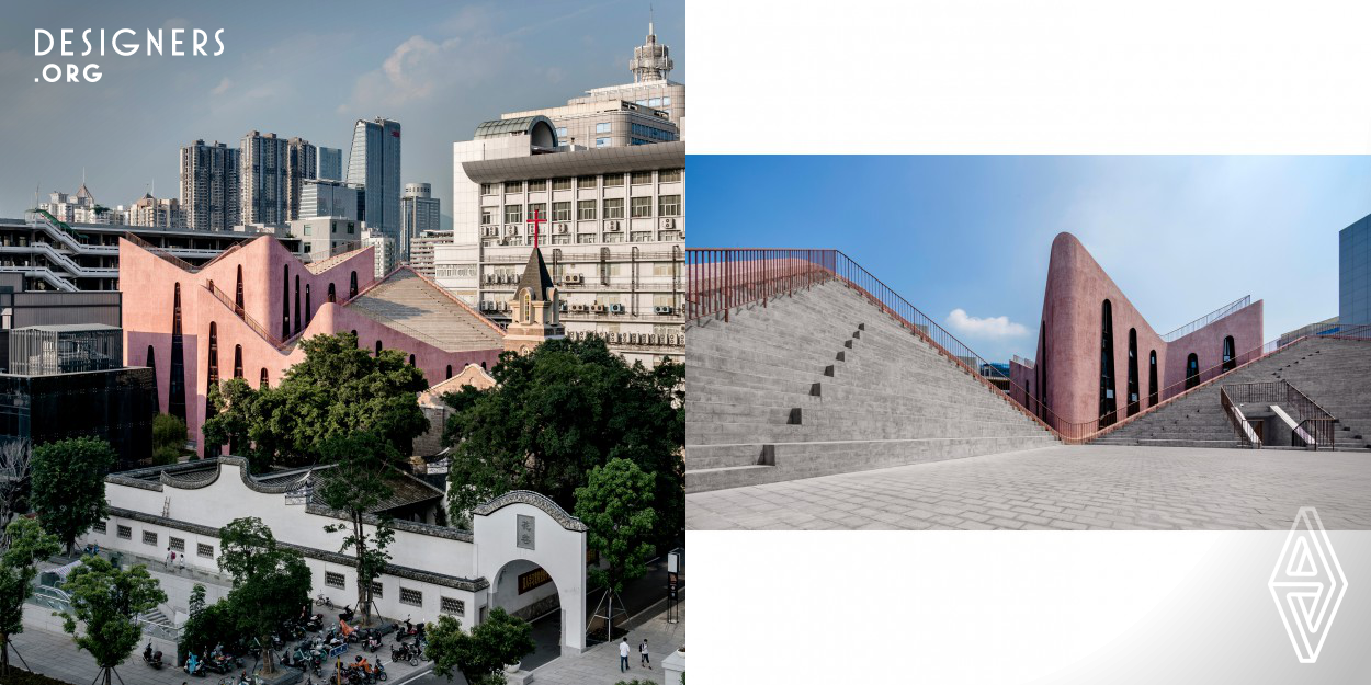 Located in the centre of the Southern Chinese city of Fuzhou, this Christian Community Centre reflects the vision of a new generation of Christians in a changing China. Entrenched by a historic church and newly built malls and high-rises it adopts the role of urban mediator, harmonizing modern city and ancient architecture whilst complementing the old church’s skyline. More than an echo of ancient tradition, its pitched roofs serve as elevated amphitheatres for open-air services and as escapes from the bustle below. 