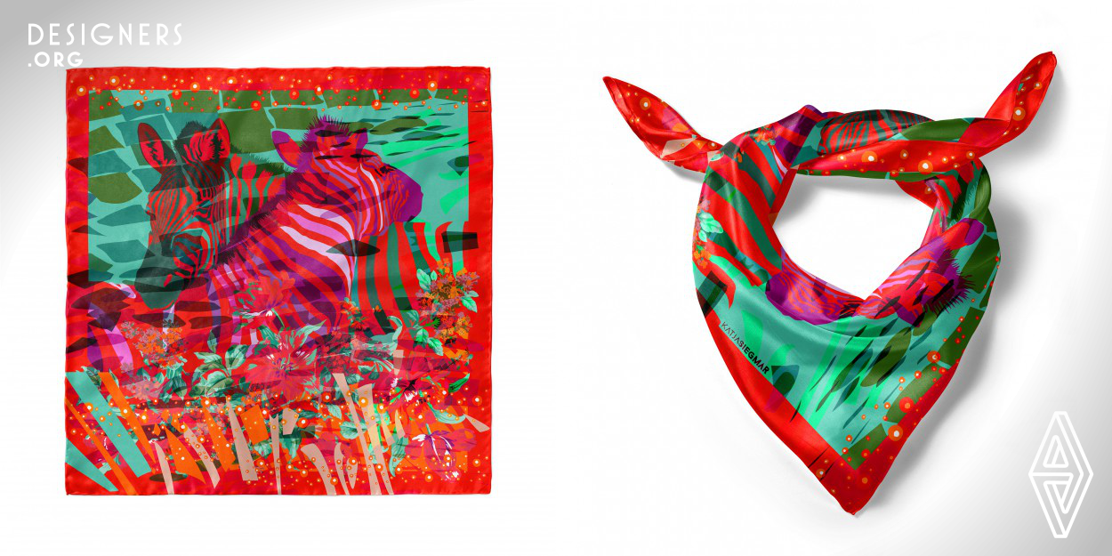 The silk female foulard inspired by the animal Kingdom, exotic nature and colors. The fashion accessory with the gentle affinity of animals drowning in flowers made in four color palettes. The four colors like the four seasons or the four sides of the world, a journey through time and space. If you connect the two corners of the foulard, you find yourself in the exotic world of African animals and hot emotions. Your head is spinning from the smell of flowers and the bright rays of the sun. The accessory tied around the neck will create an accent on the face and bring the look to perfection.