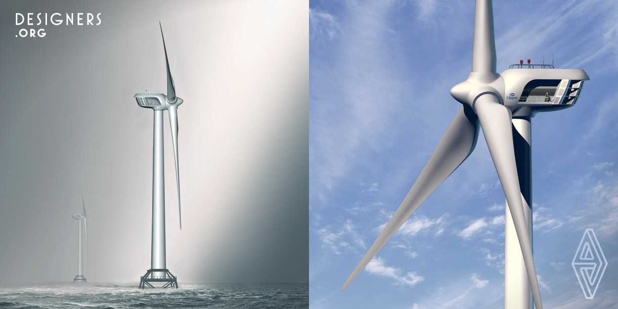 Britannia is mega-scale wind turbine developed for offshore wind farms in the United Kingdom. It was planned to be the first to produce 10Mw of power using 4 rather than 1 generator. The exterior styling differentiates Clipper turbines from competitors and is designed to evoke company heritage and aspirations - in particular forms inspired by Clipper ships and the Winged Victory of Samothrace. Placement of radiators for cooling the generators allowed the use of air scoops as stylistic elements. The crew space within the turbine is optimized for people to work and sleep inside during service.