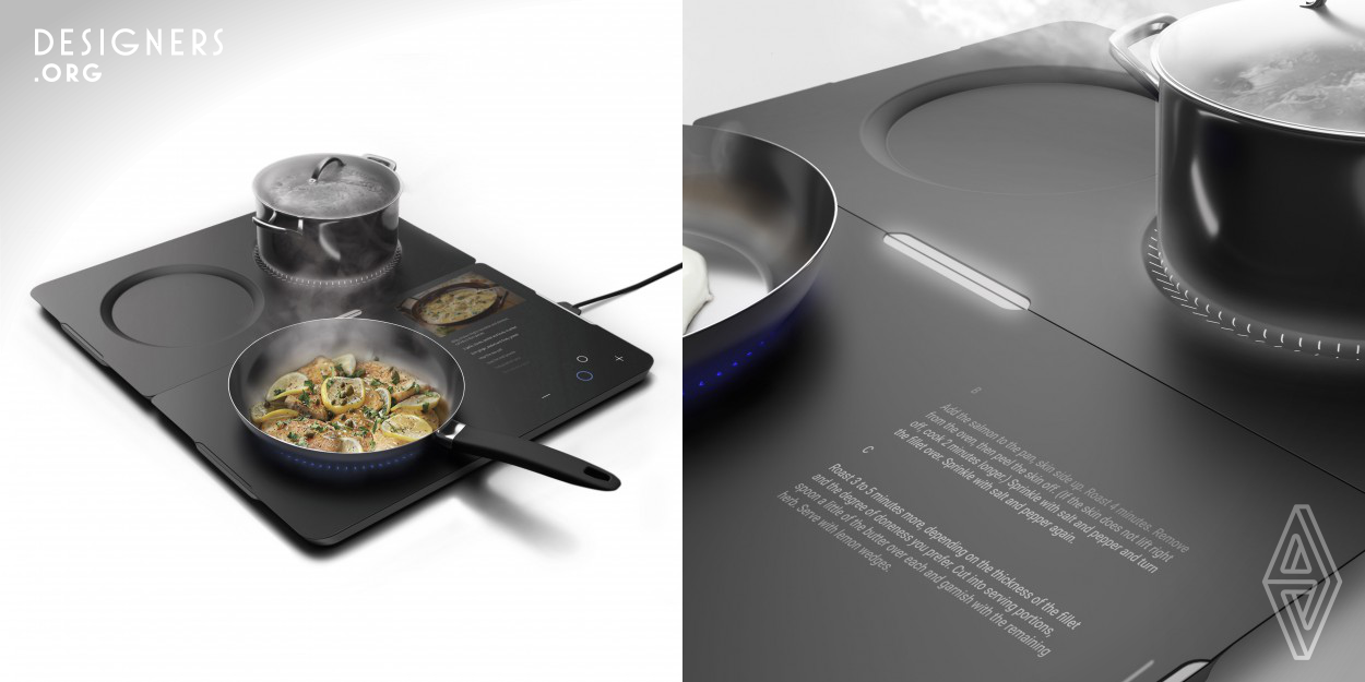 Quiett is a modular induction cooktop that uses a streaming system to help users to cook. The design gives a unique cooking experience and it aims to help the user to cook on their own and make the modern cooking lessons even more convenient. The main board has one burner with a touch screen that lights underneath the smooth surface. Users can simply cast the screen of their phone by connecting the Quiett with Bluetooth and use it as a cookbook. This way, users can concentrate on what they are doing and keep their hands free.