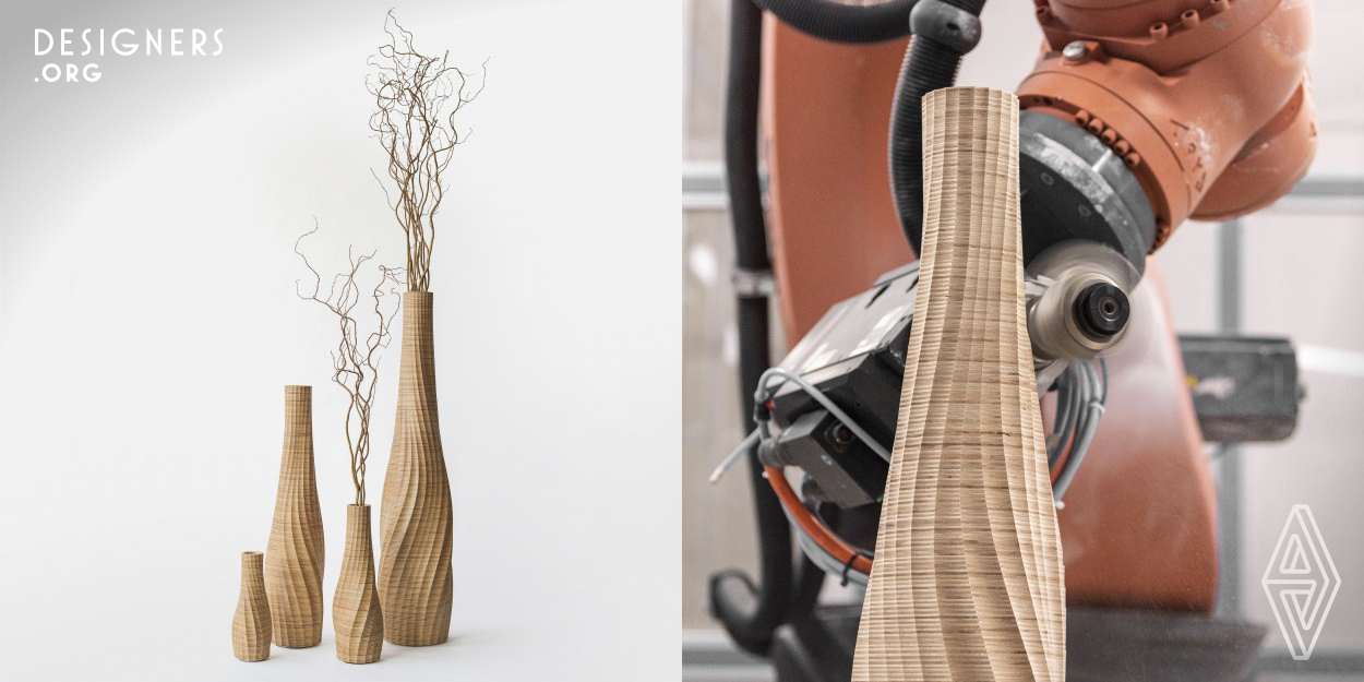 Aestus is the first design project by architecture and wood researcher Oliver David Krieg. Conceived as a series of stratified wooden vases in search for a new synthesis of traditional materials and modern technology, Aestus is both a story of material exploration and of technical prowess. Carved from hundreds of layers of wood by an industrial robot, the vases capture the fluidity of the machine's movements in the depth of the wooden texture. Each of the four vases is an expression of the aesthetics of a modern manufacturing process, as well as a statement for contemporary wood design.