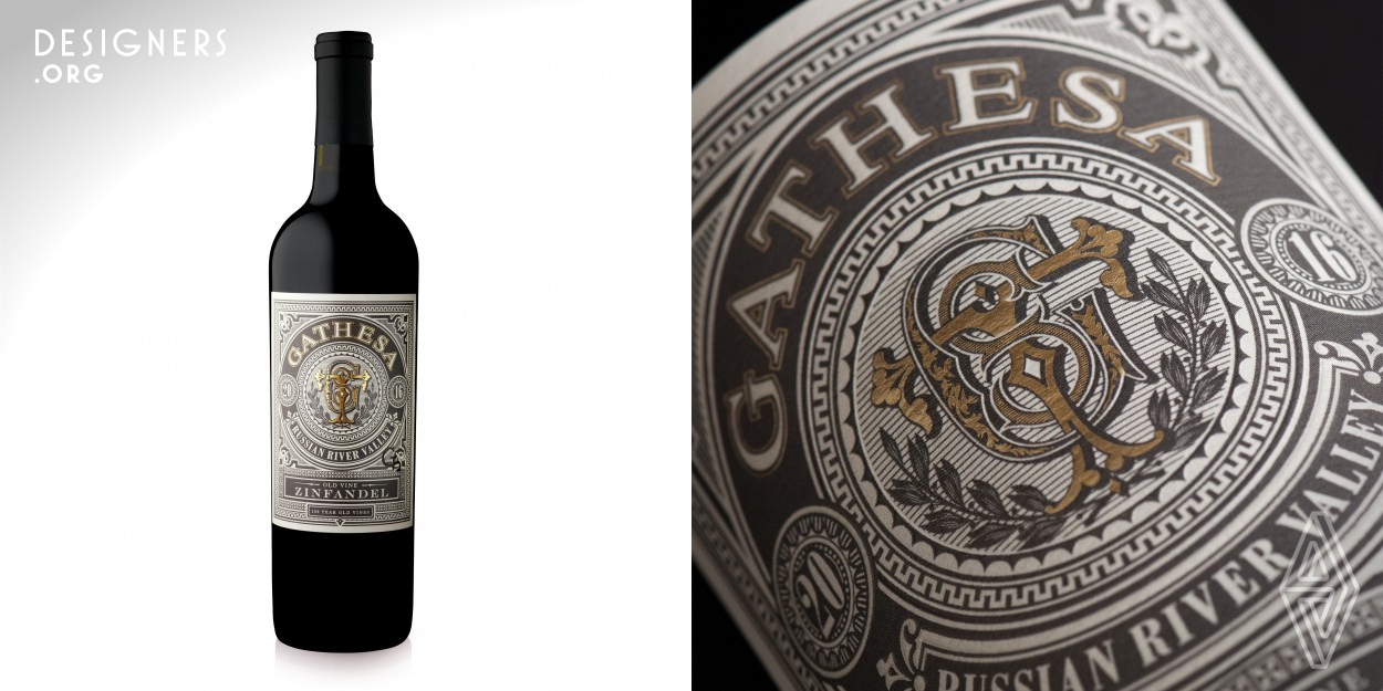 Centurion Family Vineyards developed their brand name, Gathesa, by combining portions of their sons’ names: Gabriel, Theodore, and Samuel. Our solution leveraged this personal connection to family by creating a custom monogram from their sons’ initials surrounded by an elaborate Western-inspired, retro-modern label design. The label is embossed much like a decorative horse saddle and the label even leverages a laser die-cut through the label much like an ear notch utilized on cattle ranches.