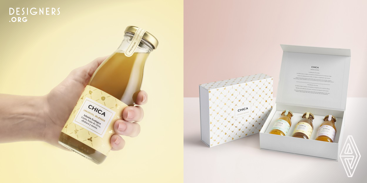 This design for Chica Unusual Blends, makes an approach to the cosmetic and sophisticated world for an organic fruit drink. Each bottle is decorated with small elements that represent the ingredients, building as a pattern a delicate graphic for the brand that becomes its logo. The bottles are included in a case, proposing to the user a form of unusual relationship for a drink of this type. A feminine, sophisticated design, based on the details to build a timeless object.