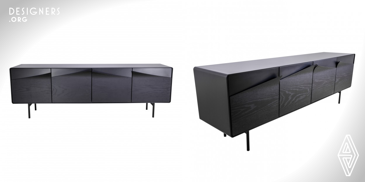 The Skin sideboard has a simple design, straight lines and curves that together allude to a second skin peeling, a skin exchange, in this poetic movement, the main element was developed with a curved multi-laminate overlap in the body of a MDF plate , resulting in a handle that allows opening the door of the furniture, defined and clear function. The Skin was conceived in a moment of change of life of its creator, who found in this project a way to communicate. This wooden furniture reveals feelings as well as bringing together various types of materials and application techniques.