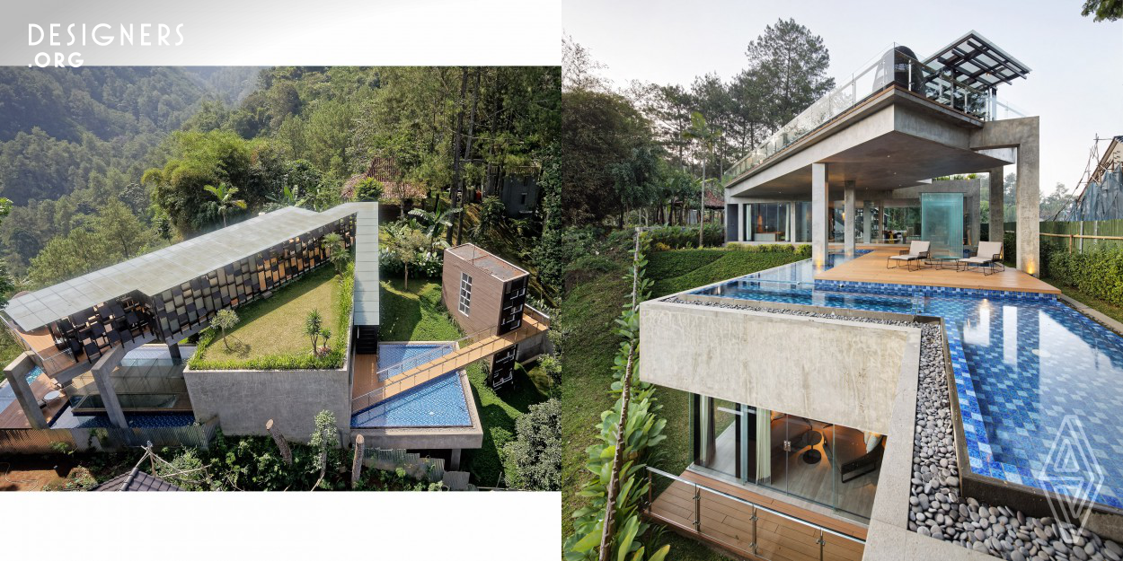 The project is to design a villa at the mountain side, surrounded by deep valleys and forest conservatory in Bandung. The building mass comes from the idea of stacking boxes which are rotated 270 degree to allow users to have different experience in different room and have almost 270 degree view to surrounding valleys. The building is oriented to take the full advantage of the sun position and perpendicular to the wind direction to maximize the wind to enter the building while the extensive use of glass openings allow natural cross ventilation and maximize natural light to enter the building.