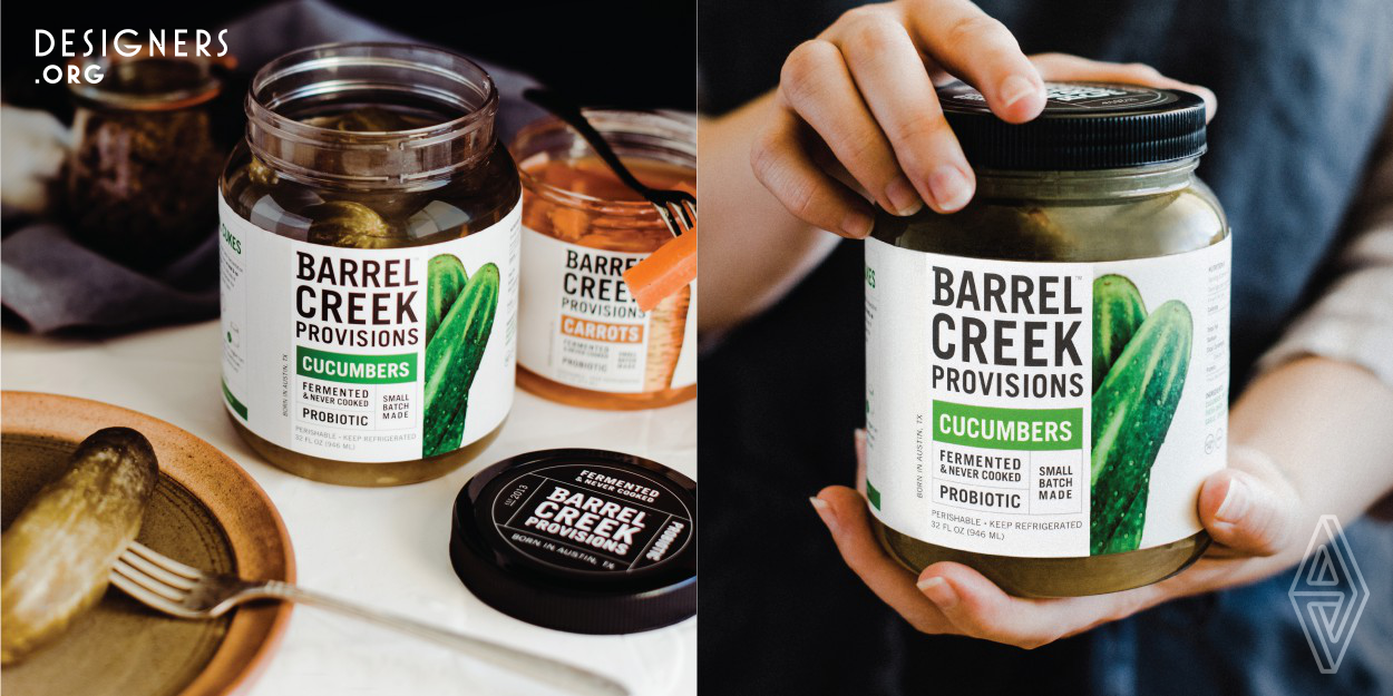 Barrel Creek Provisions underwent a brand transformation to establish itself as a formidable player in the fermented foods category. The packaging uses a simple graphic frame structure to emphasize key facts giving it a compositional simplicity to ensure maximum shelf impact. Classic botanical illustrations were used to reinforce the natural earthy ingredients and offset that bold modern typographical style.