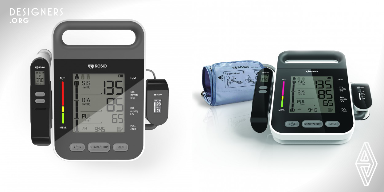 This health kit for home use brings together three essential measuring device in controlling the health at home: blood pressure monitor, pulse oximeter and thermometer. This data is vital and constantly needs to be tracked to designate anomalies. This product with its aesthetic design to beat the stigma of having medical instruments around, neatly packs the three functions and the data recording interface together to offer an enhanced medical experience at home. We designed with consideration of accessibility for a variety of users with different physical and mental skills in mind. 