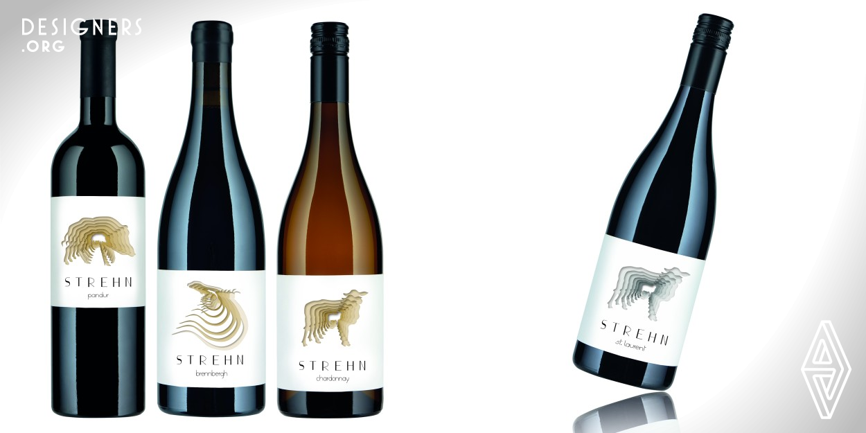 The design is intended to express the complexity of wine, which should have several dimensions. It is said that a inspiring wine shows "depth": so the label was designed multidimensional, achieved through an optical illusion: shadows were set for making the illustration looks sculptural. The wines are produced very close to nature and environmentally compatible – therefore wildlife is used as a key visual in a very characteristic form of representation. In order to express the individuality of the product, the font "Piroska" has been designed.