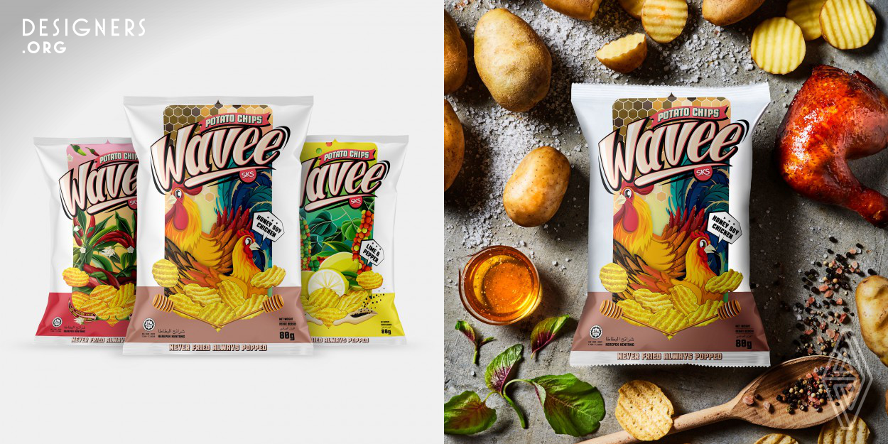 Vibrantly illustrated packaging is used as a means to build up a recognizable, attractive brand identity for this new potato chips brand. The illustration and color combination create a lasting impression that distinguishes this healthier, non-fried potato chips product from the rest in the market. Various themes and colors are implemented to differentiate between the flavors, while iconic elements and white blank frame on the package help maintaining a unified brand identity.