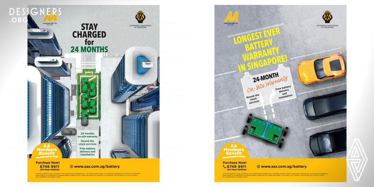 In these series ads, the first advertisement takes inspiration from a fully charged battery icon. It is to convey message of "24 hour Roadside Assistance Service" clearly. The second advertisement utilizes a car battery perched on four wheels as if it is on its way to members. It is to convey "fuss free battery replacement service". The series' core messaging is convenience & hassle-free services. The visual elements were created in Adobe Photoshop & Illustrator, with final results exactly as expected.
