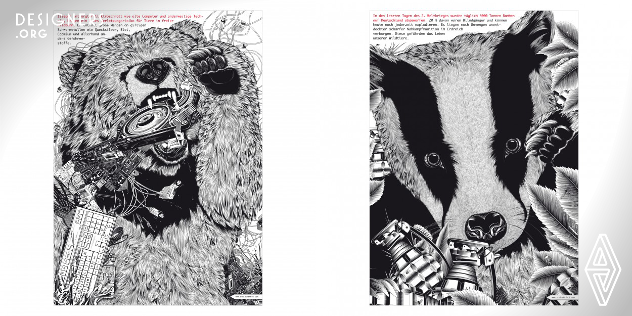 From an illustrativ point of view Lara Wilkin intend to based the visual processing on the animal representative characters, which she illustrated in a detailed black and white vector-work in order to arouse the viewer`s curiosity as well as to make his exploring insight possible. The typography positions are subordinated and being faced with the picture-object and it is used as an informative topic supplement. Lara Wilkin resisted the exclusive typographical visualization because the animal characters evoke more emotions than mere typography.