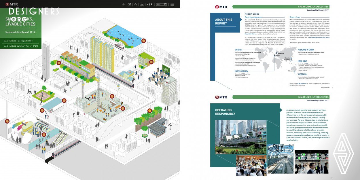 As a publicly-listed company which operates a mass transit railway system to meet Hong Kong's public transport requirements, the company continues to be responsive to different opinions. This time, it shapes people thinking and way of life through a city map. The theme title of 2017 is smart Links, liveable cities. A wide range of sustainable initiatives are presented as an imaginative city map format. Urban Air helped to realise their sustainability values, bringing the company passion on sustainability development into one simply creative conclusion.