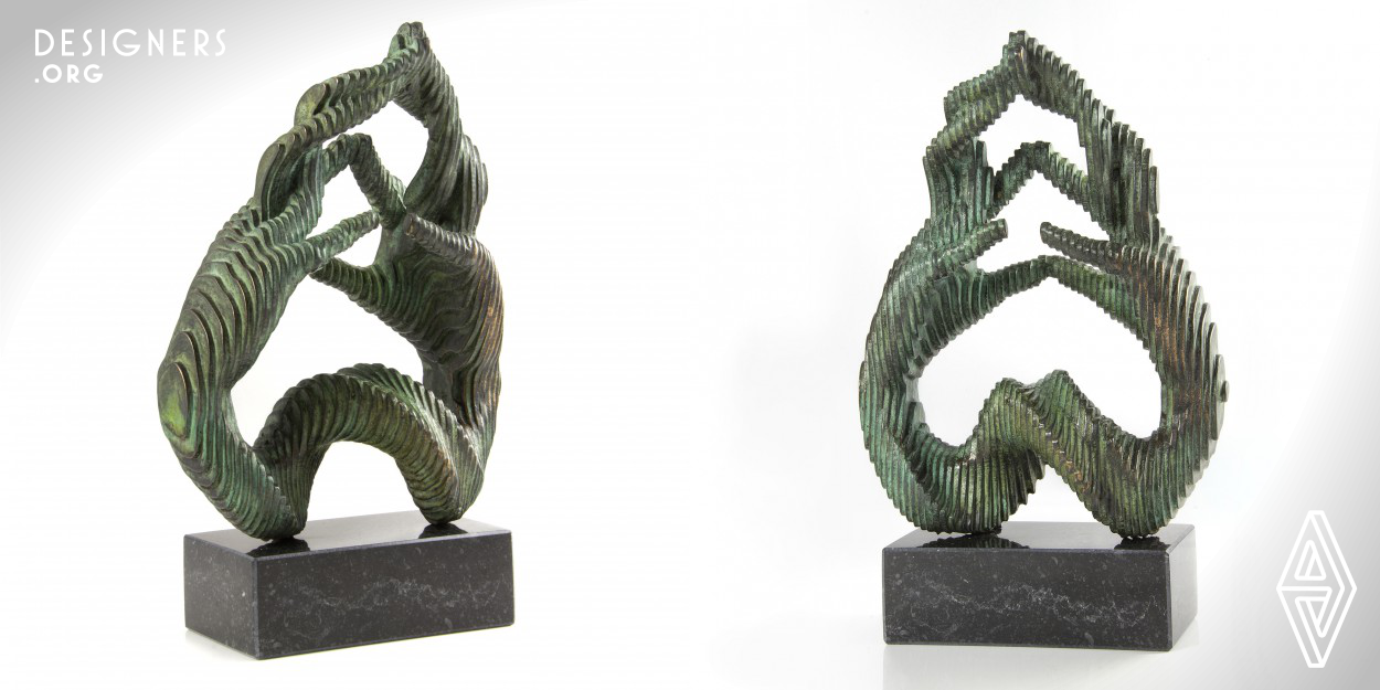 The sculpture Entangled Hands is part of the Slicing series started in 2014. The aim was to fuse digital and traditional techniques to produce innovative works of art. The sculpture forms a symbol of love. It is the Unification of two beings merging into one another. They seem to perform a sensual dance, its beat given through the steps of the sliced forms. The elongated fingers and the fused base form a long winding movement so the sculpture´s energy is kept within the inherent triangle of the silhouette. 
