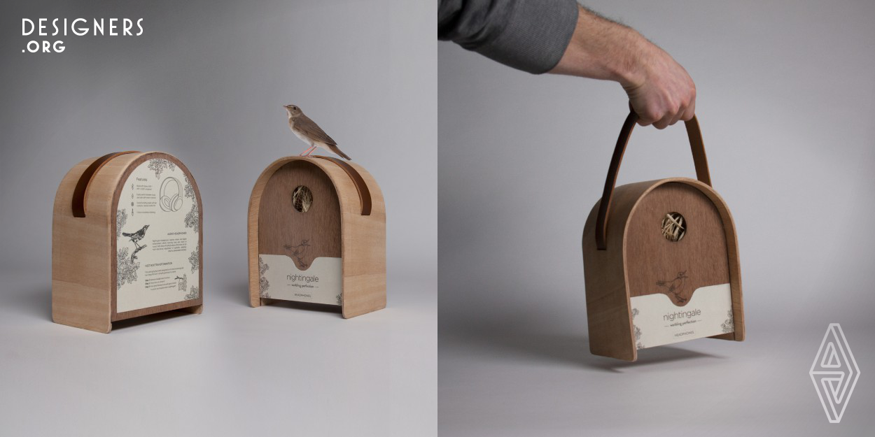 This packaging has been designed both to reflect the nightingale bird, known for it’s powerful song, and to reflect it’s nest - a naturally eco-friendly wooden home. Today, there's huge problems with wasteful, costly and unnecessary packaging. Nightingale combats this loud and clear. Made exclusively with natural products to reduce the waste and directly inspired from their actual habitat, the idea was not only to be ecologically less impact but to actually give back to nature. Instead of throwing away the packaging after unboxing, hang it up on a tree and watch little birds take shelter.