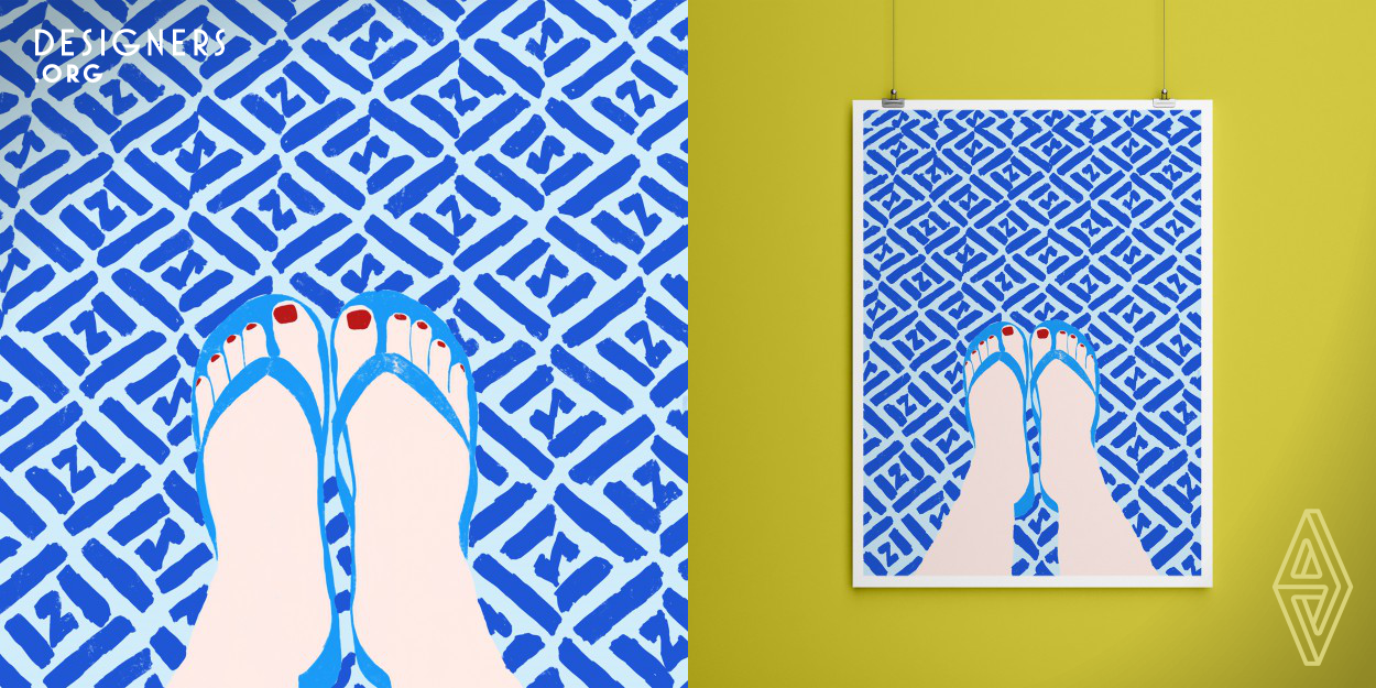 The illustration Flip Flop shows feet in sandals and a bright blue patterned background. The picture is a reminder of a warm summer day spend at a refreshing swimming pool. However, what can be seen in the picture is the artists living room carped. While drawing her feet Miriam Trilety recognized the pattern. It is the idea of jumping off the pool edge into a different underwater universe that becomes vivid as the artist is sitting on the living room couch.