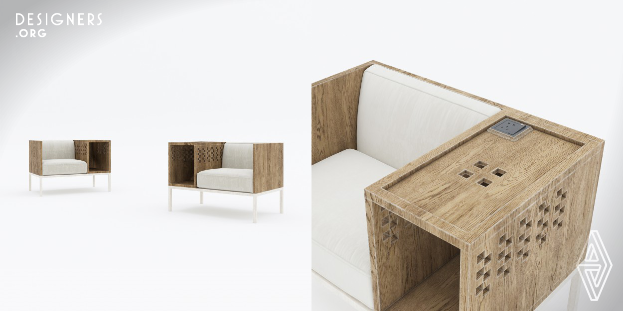 The 2 in 1 chair features ergonomic details, whether a person needs to sit for a few minutes or a few hours, the design considerations make sitting a joy. Storage and power options are close at hand and the surface provides flexibility for the task at hand. When privacy or focus becomes a priority the 2 in 1 accommodates. The chair’s high wood arms form a visual boundary that helps eliminate distractions and prying eyes. 