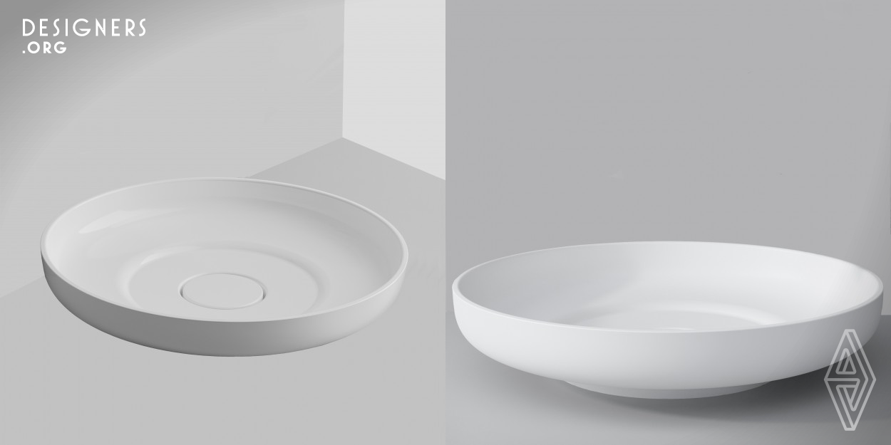 Viv washbasin is inspired by spherical waves and circle geometry. Its light, natural and simple shape was designed with the idea of sustainable development in mind and gives new approach in conscious of water consumption while washing hands. The washbasin leads to lower water use thanks to a shallow basin and a hollow at its center. In result, the user is encouraged to reduce the flow of water from the faucet by observing how it gradually accumulates in the basin.