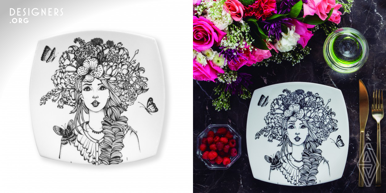 Muse is a ceramic plate with an illustration stamped by a serigraphic process cured at high temperatures for a better fixation of the stamping. This design reflects three important concepts: delicacy, nature and bifunctional. Delicacy is represented in the feminine form of the illustration and the ceramic material used. Nature is represented in organic and natural elements that have the character of the illustration on her head. Finally, the bifunctional concept is shown in the use of the dish, allowing it to be used as a decorative object at home or to serve food with it.