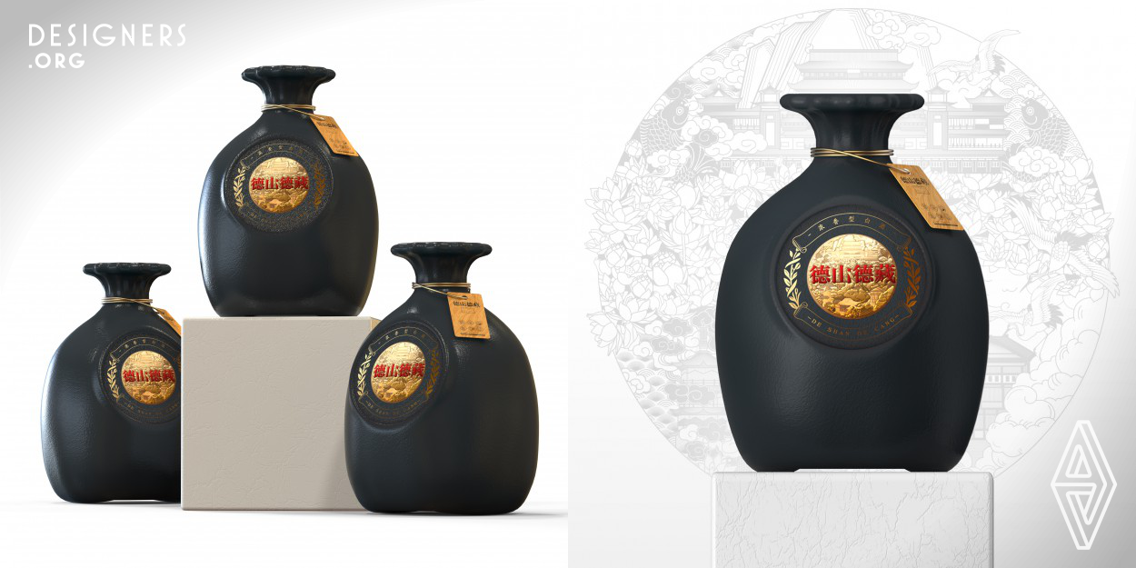 With the inspiration derives from the "virtue mountains in Changde".Unlike other fancy, flashy liquor packages, in order to enhance its collecting value, this product adopts and inherits the simplified traditional southern chinese style, which is shown throught the dull polished black, making a great contrast between static and motion through applying elements in the circle. The shape of the bottle is designed as a chinese wallet, the plump curve of the bottle and the lotus represents chinese people's hospitality and humility. 