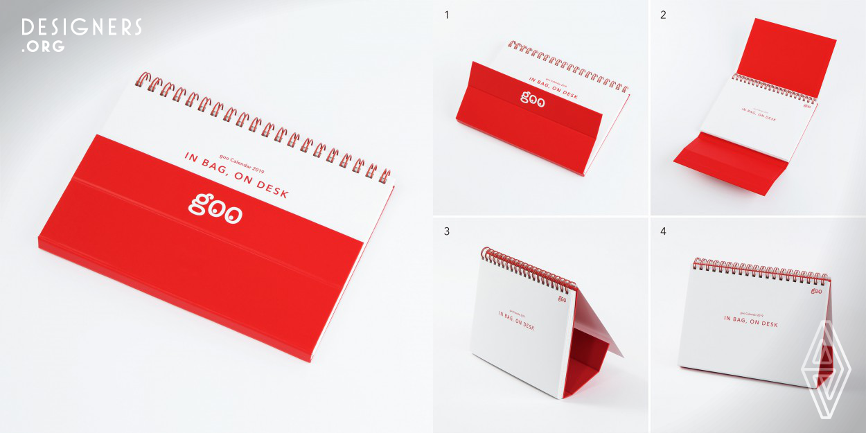 A promotional calendar for goo, the Internet portal site that originated in Japan, is an upgraded version of the desk calendar with pockets that have been a popular item every year.  The calendar of 2019 can be used with 2 way of notebook and desk calendar. A monthly calendar, memo paper, pocket into which receipts, etc. can be put are set, and it becomes a desk calendar just by fastening the cover paper with a magnet.