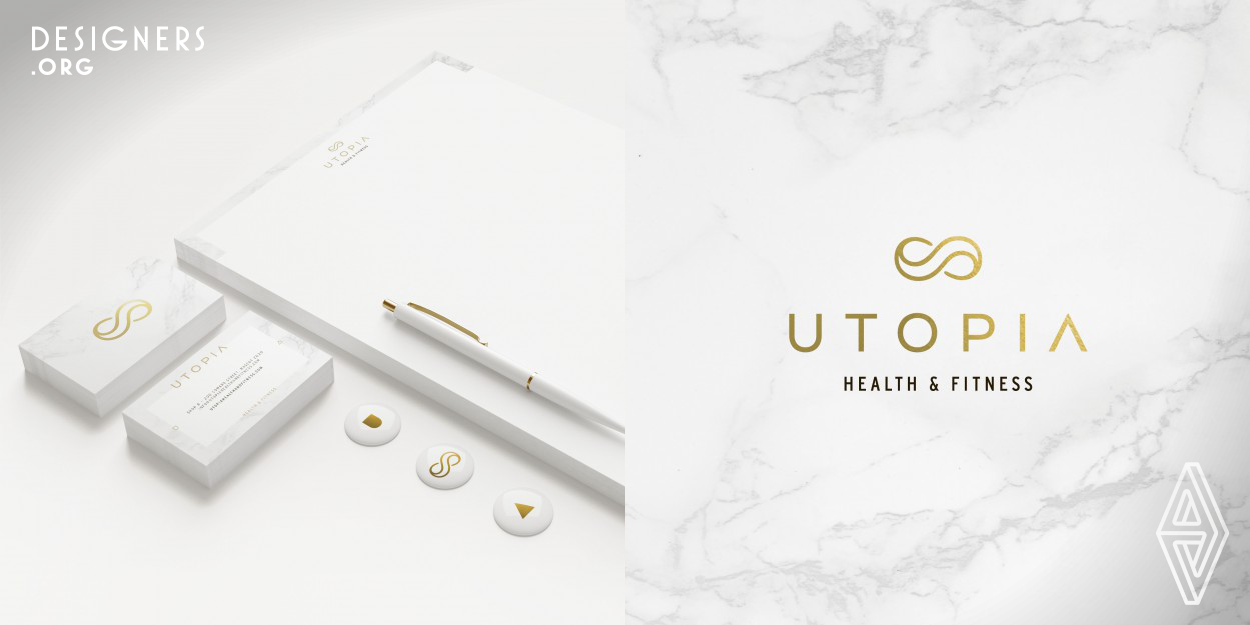 This brand identity was designed to match the luxury and quality of Utopia Health & Fitness, a Sydney gym positioned to set a new precedent in the contemporary fitness experience. The design of the logo took inspiration from the infinity symbol, in reference to the brand's limitless focus on well-being and providing the highest-end facilities. The refined combination of gold tones with white marble distinguish the fitness destination as a premium life choice.